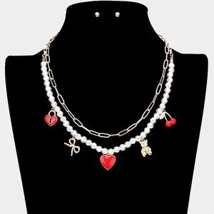 Enamel Heart Lock Cherry Metal Bow Bear Pendant Double Layered Necklace